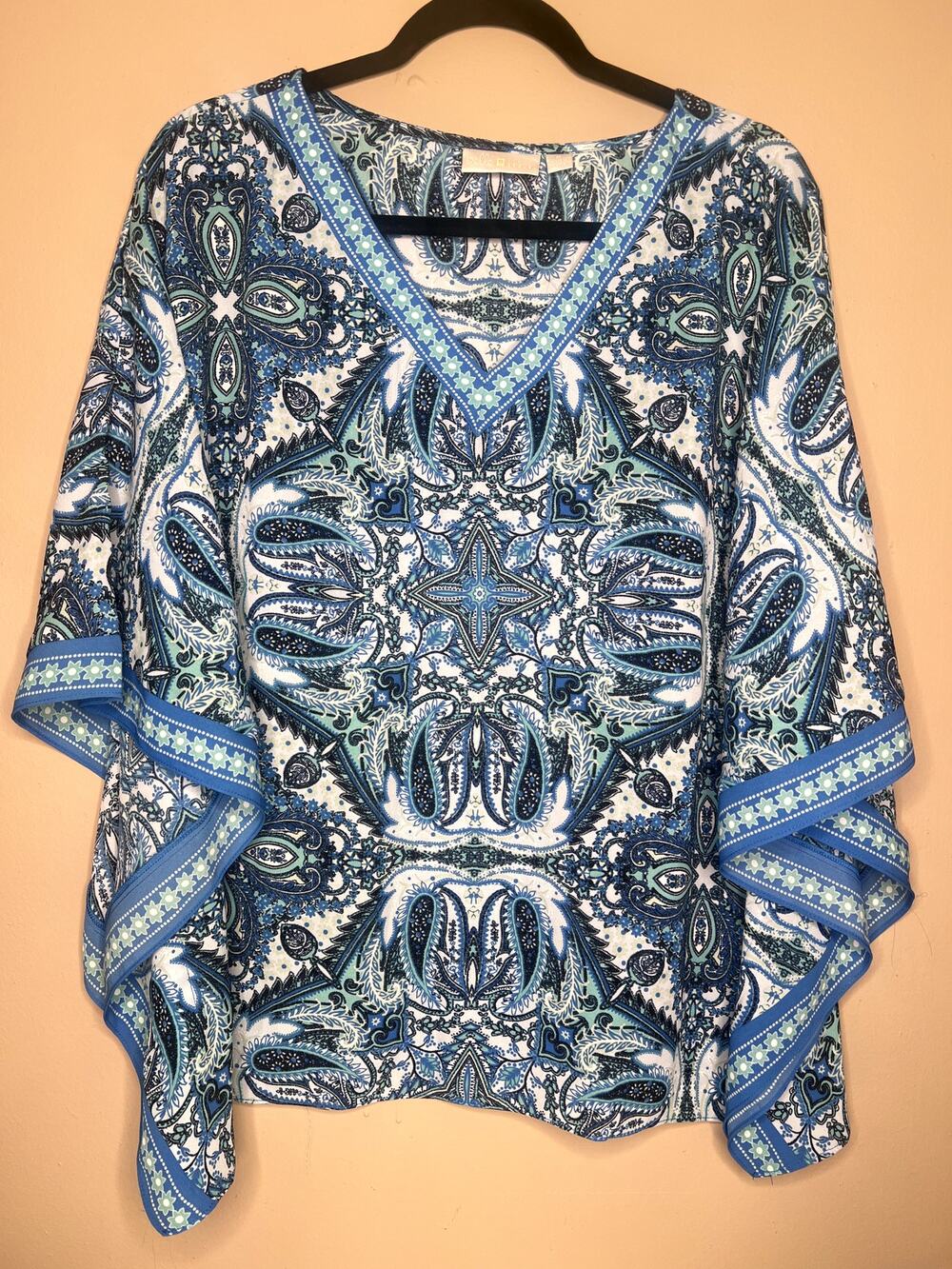 Belle by Kim Gravel Blue Paisley Poncho Caftan Blouse Top NWOT M Medium